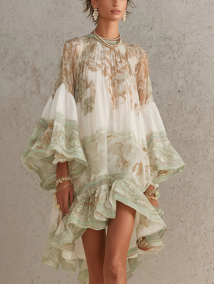 Abito Mini in Chiffon con Maniche a Volant e Orlo Ruffles Verde