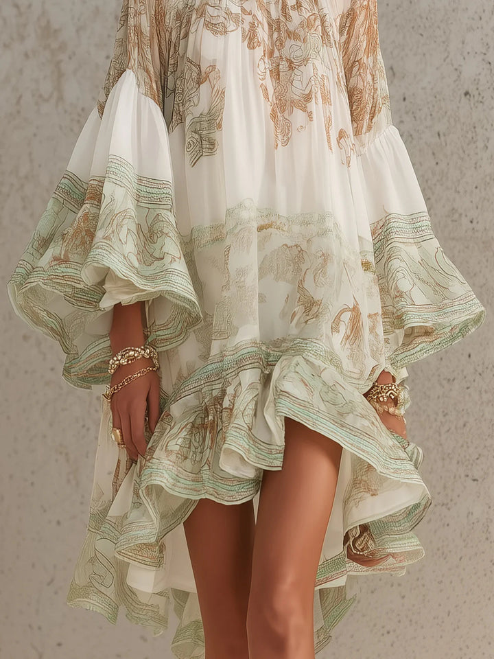 Abito Mini in Chiffon con Maniche a Volant e Orlo Ruffles Verde