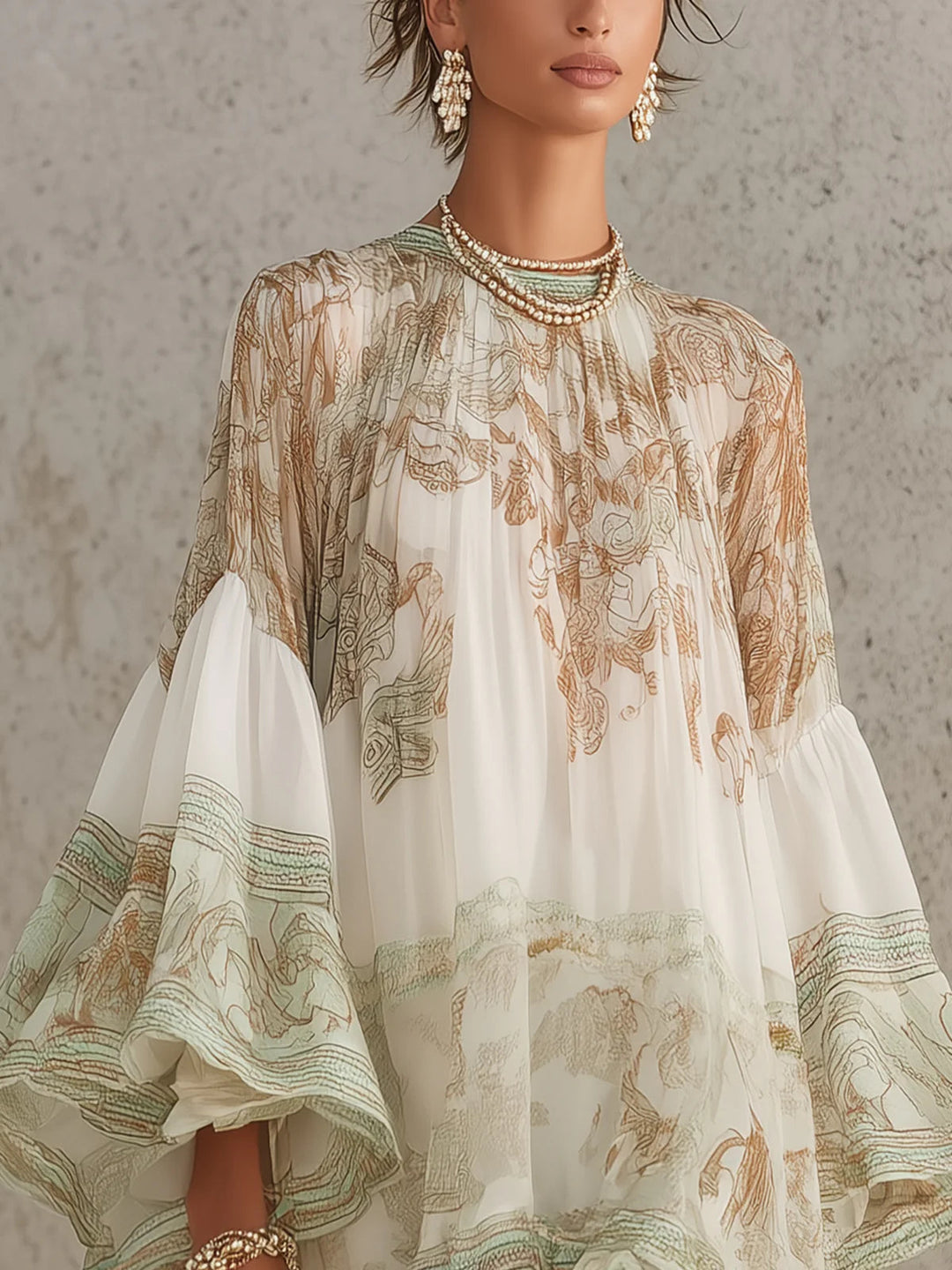Abito Mini in Chiffon con Maniche a Volant e Orlo Ruffles Verde