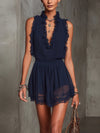 Jumpsuit in Chiffon Pieghettato con Rouches e Pizzo Blu Navy