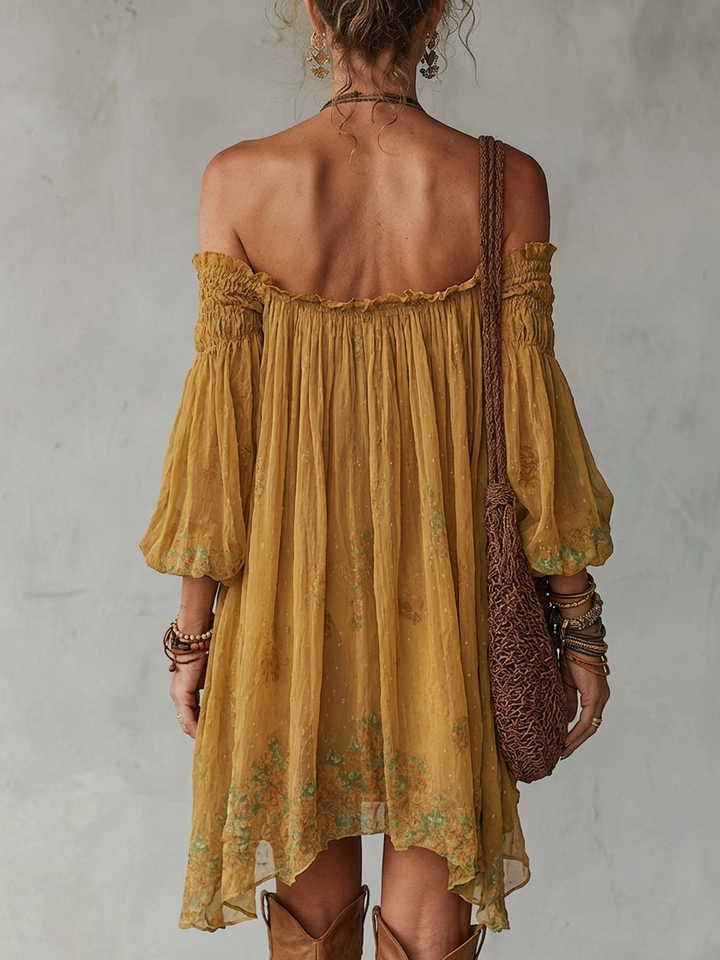 Giacinto | Mini Abito Floreale Giallo, Spalle Scoperte