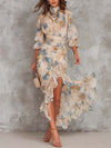 Abito Maxi in Chiffon Irregolare con Stampa Floreale e Collo Alto Beige