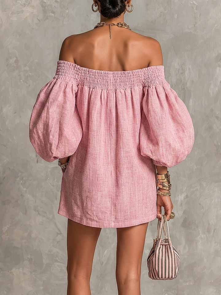 Rosabelle | Mini Abito A-Linea Ampio, Maniche A Lanterna, Spalle Scoperte Rosa