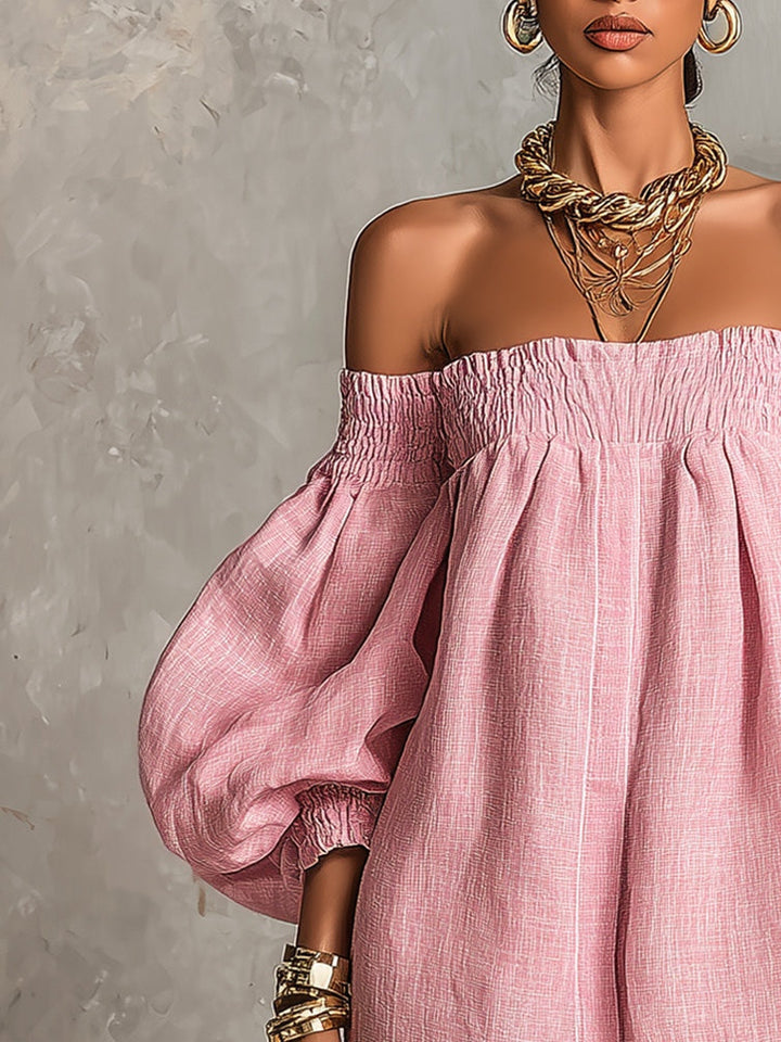 Rosabelle | Mini Abito A-Linea Ampio, Maniche A Lanterna, Spalle Scoperte Rosa