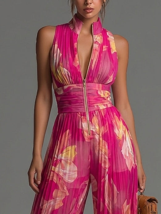Zsófia Jumpsuit - Chiffon Plissettato Fucsia con Fiori