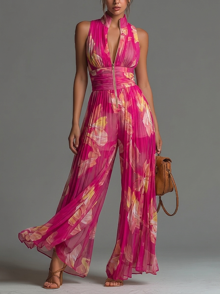Zsófia Jumpsuit - Chiffon Plissettato Fucsia con Fiori