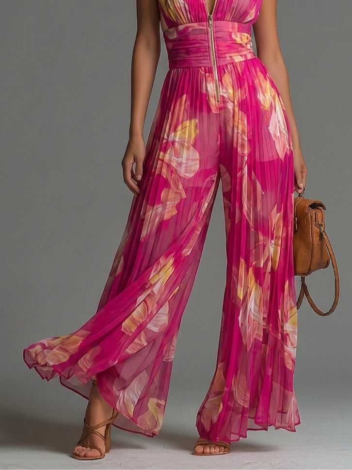 Zsófia Jumpsuit - Chiffon Plissettato Fucsia con Fiori