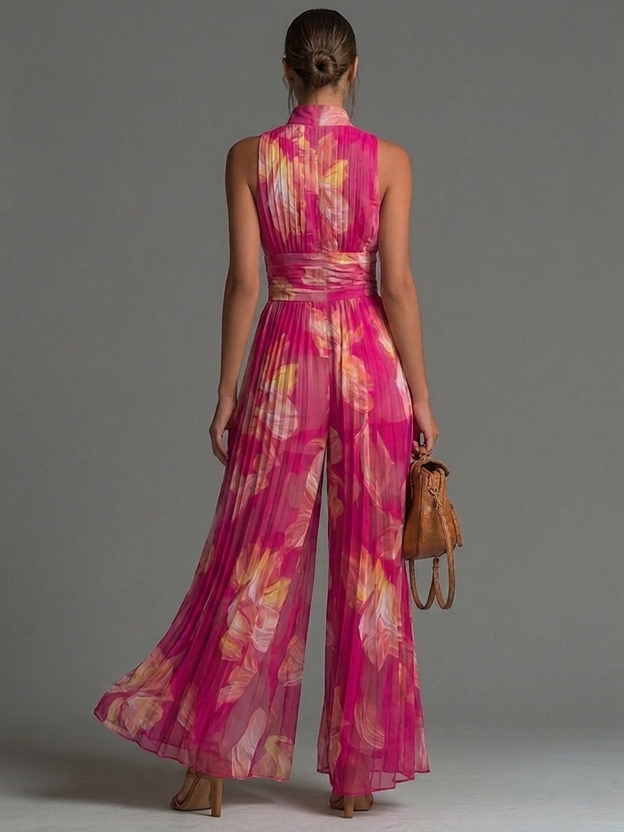 Zsófia Jumpsuit - Chiffon Plissettato Fucsia con Fiori