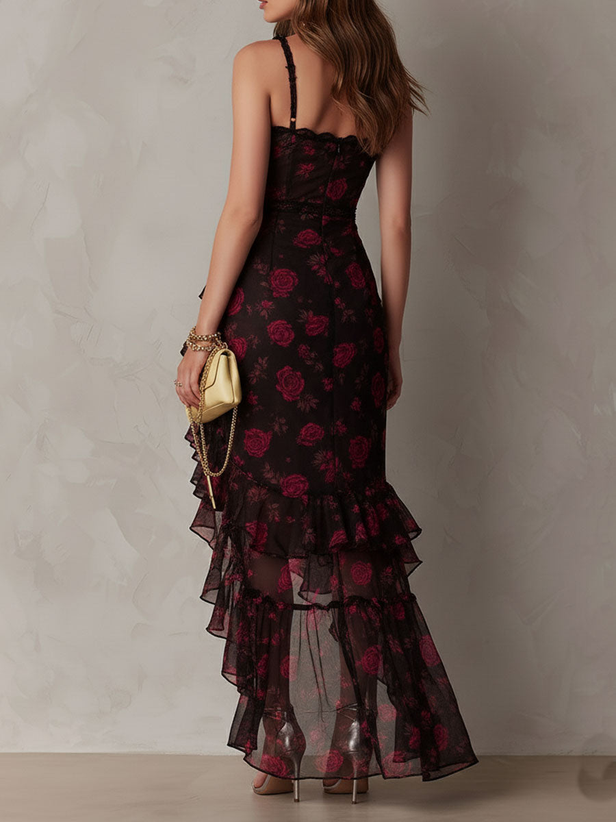 Abito Chic Nero e Rosso con Fiori, Ruches e Orlo a Volant
