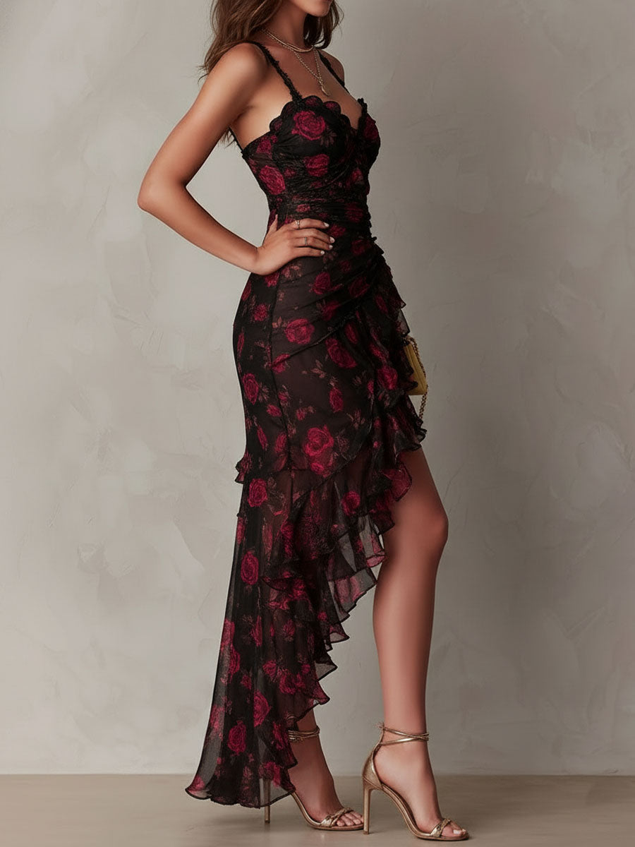 Abito Chic Nero e Rosso con Fiori, Ruches e Orlo a Volant