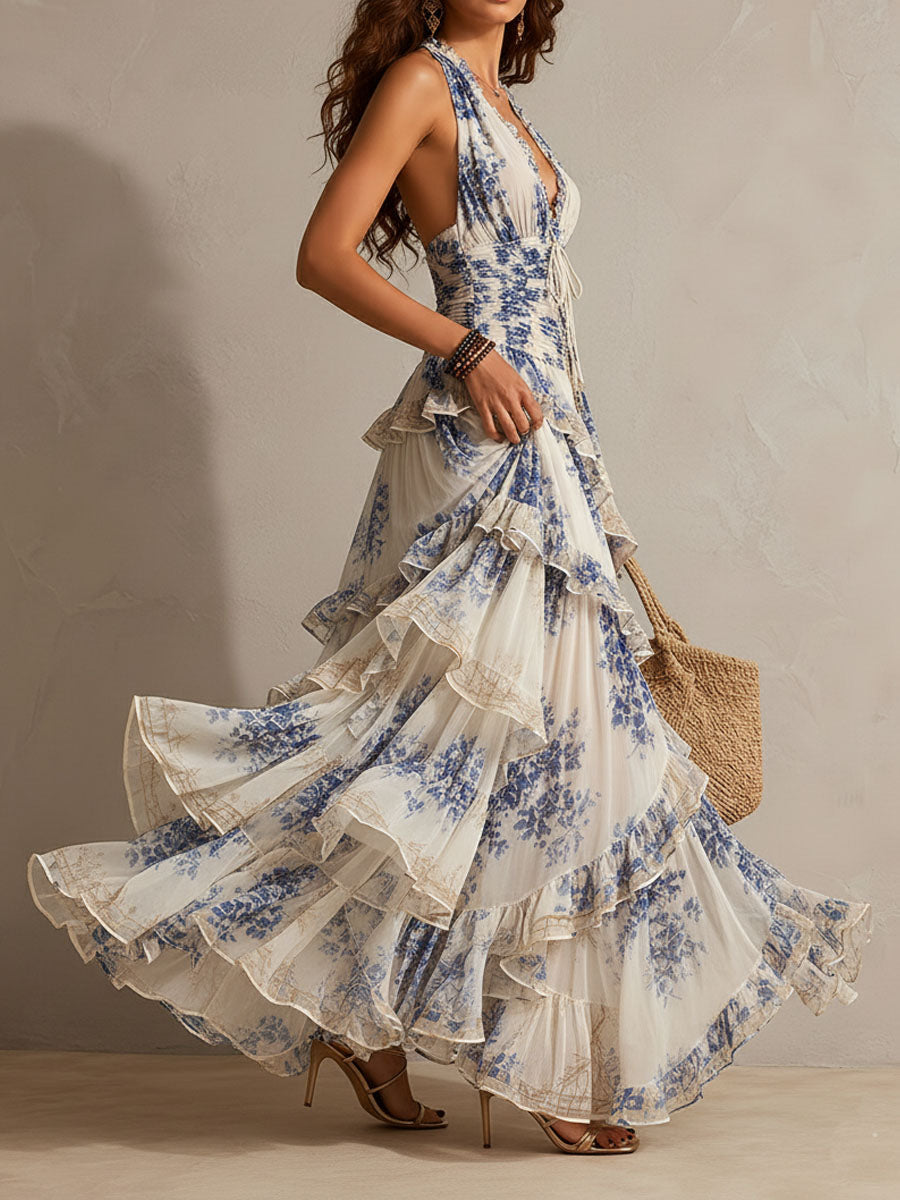 Vestito Maxi A Righe Floral Blu E Bianco Con Scollo A Halter