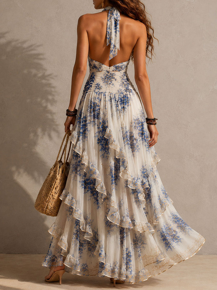Vestito Maxi A Righe Floral Blu E Bianco Con Scollo A Halter