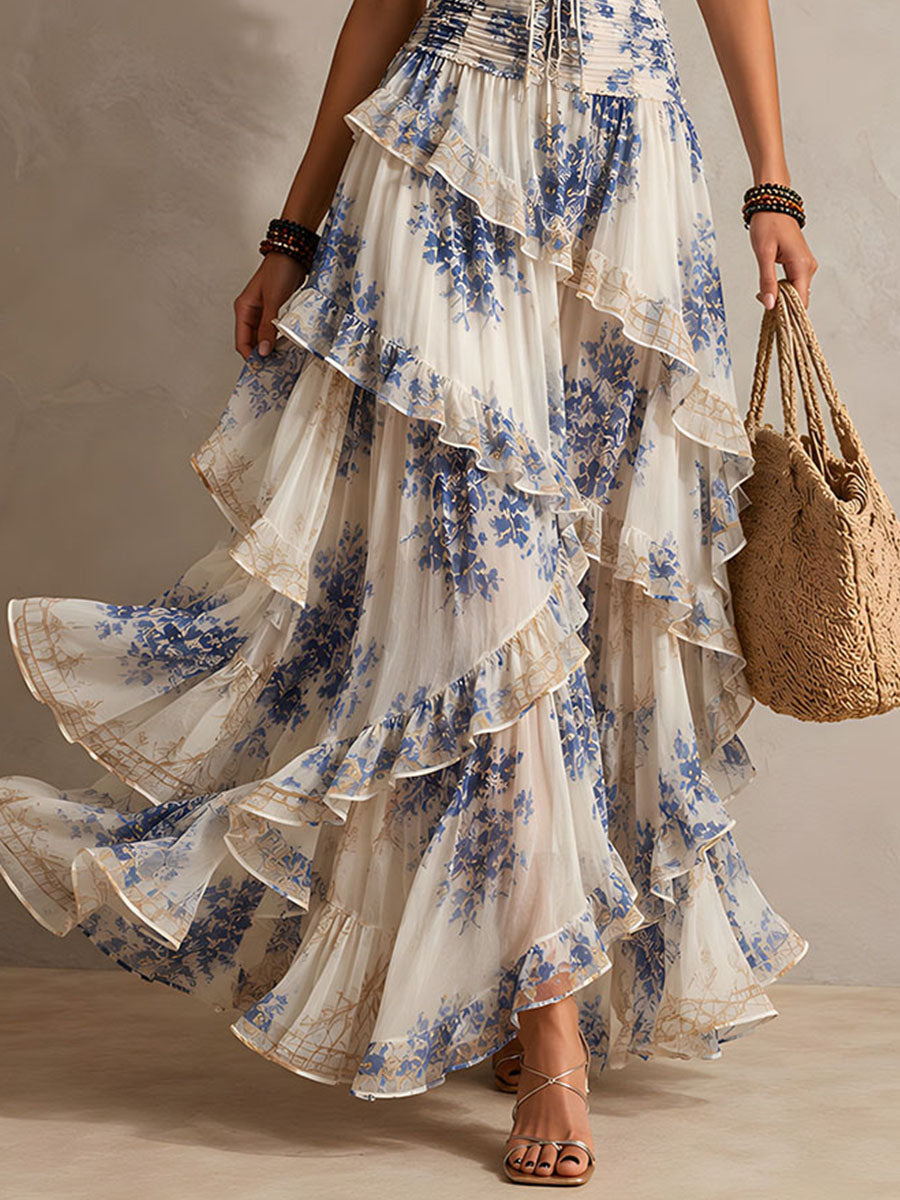 Vestito Maxi A Righe Floral Blu E Bianco Con Scollo A Halter