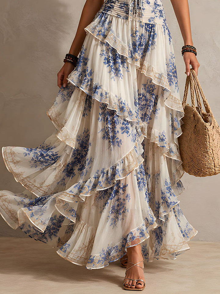 Vestito Maxi A Righe Floral Blu E Bianco Con Scollo A Halter