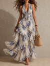 Vestito Maxi A Righe Floral Blu E Bianco Con Scollo A Halter