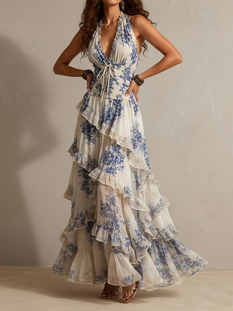 Vestito Maxi A Righe Floral Blu E Bianco Con Scollo A Halter