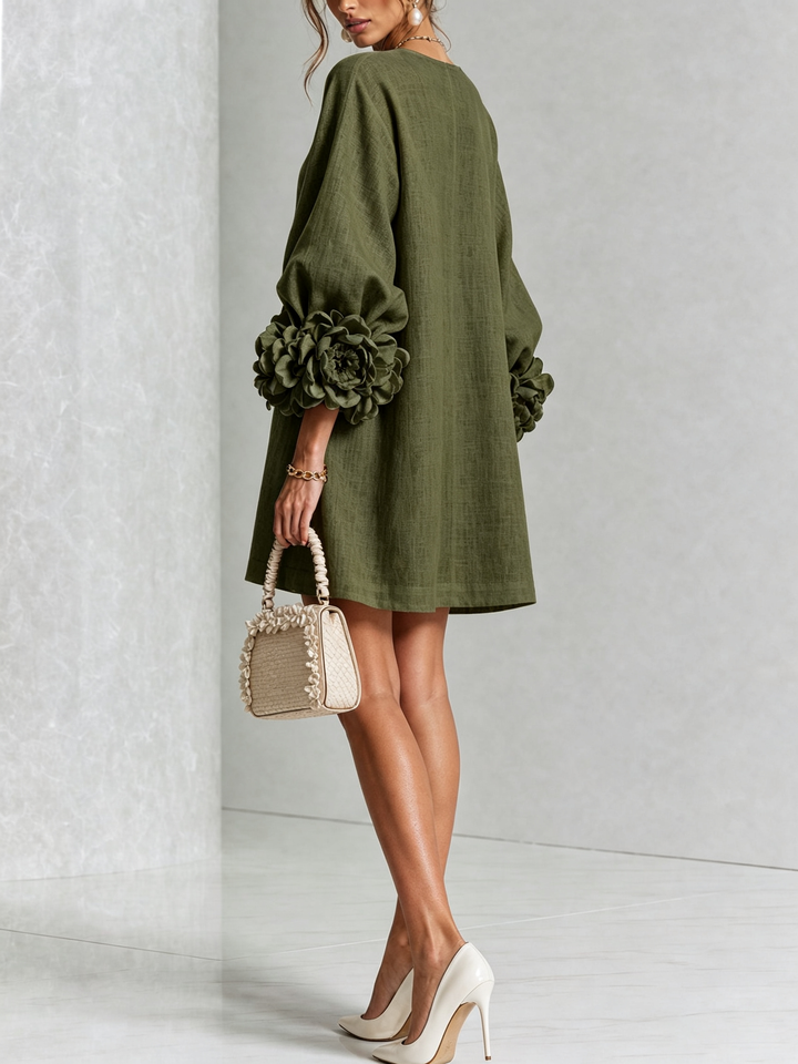 Abito Mini a Camicia Floreale Verde Oliva con Polsini Floreali Stravaganti