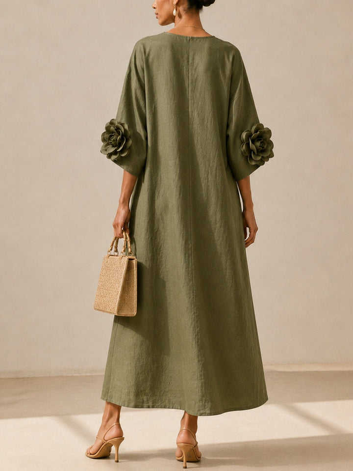 Abito Midi Verde Oliva con Scollo a V e Maniche Floreali Stravaganti