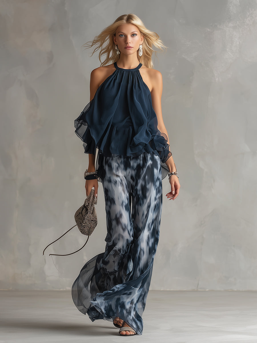 Ludovica – Set elegante in chiffon con top a collo alto e pantaloni larghi stampati