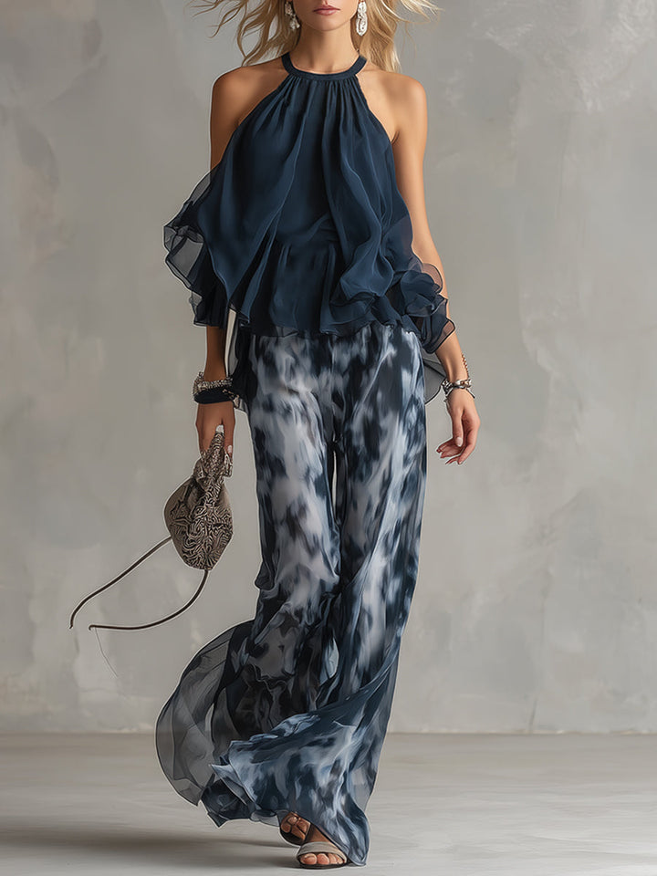 Ludovica – Set elegante in chiffon con top a collo alto e pantaloni larghi stampati