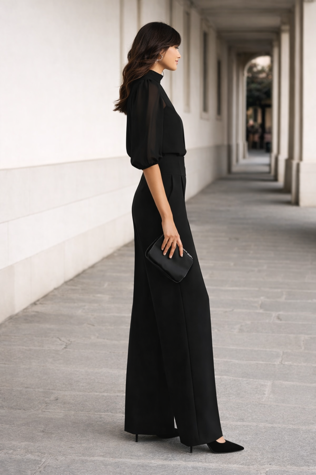 Valentina | Completo di tre pezzi che include una camicia trasparente e pantaloni a gamba larga.