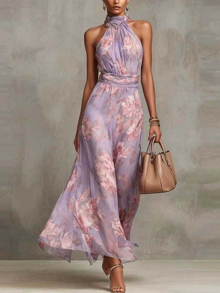 Leah - Abito Maxi in Chiffon Verde con Scollatura a Halter