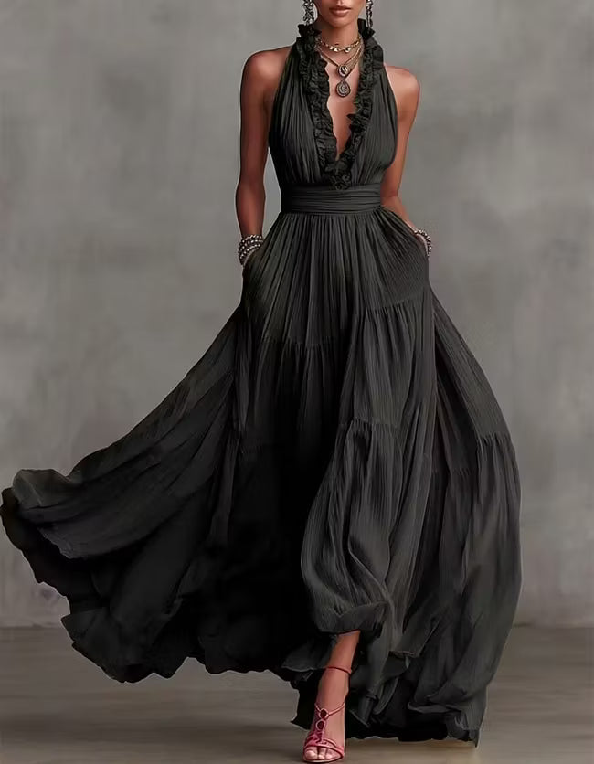 Isabella | Abito Maxi Plissettato con Collo All'Americana
