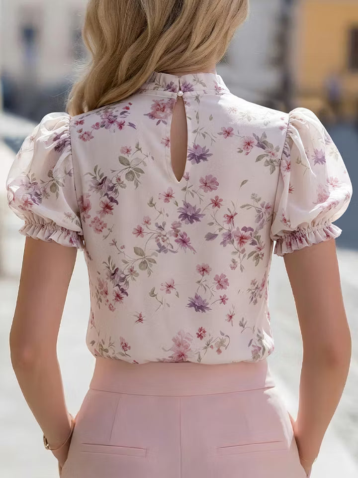 Blusa in Chiffon con Maniche a Palloncino e Collo a Fiocco