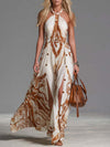 Beatrice ¦ Abito lungo vintage bohemiano con scollo a halterneck, stampa western marrone su chiffon avorio, con spacchi