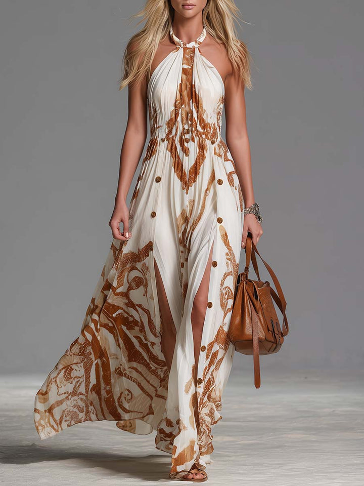 Beatrice ¦ Abito lungo vintage bohemiano con scollo a halterneck, stampa western marrone su chiffon avorio, con spacchi