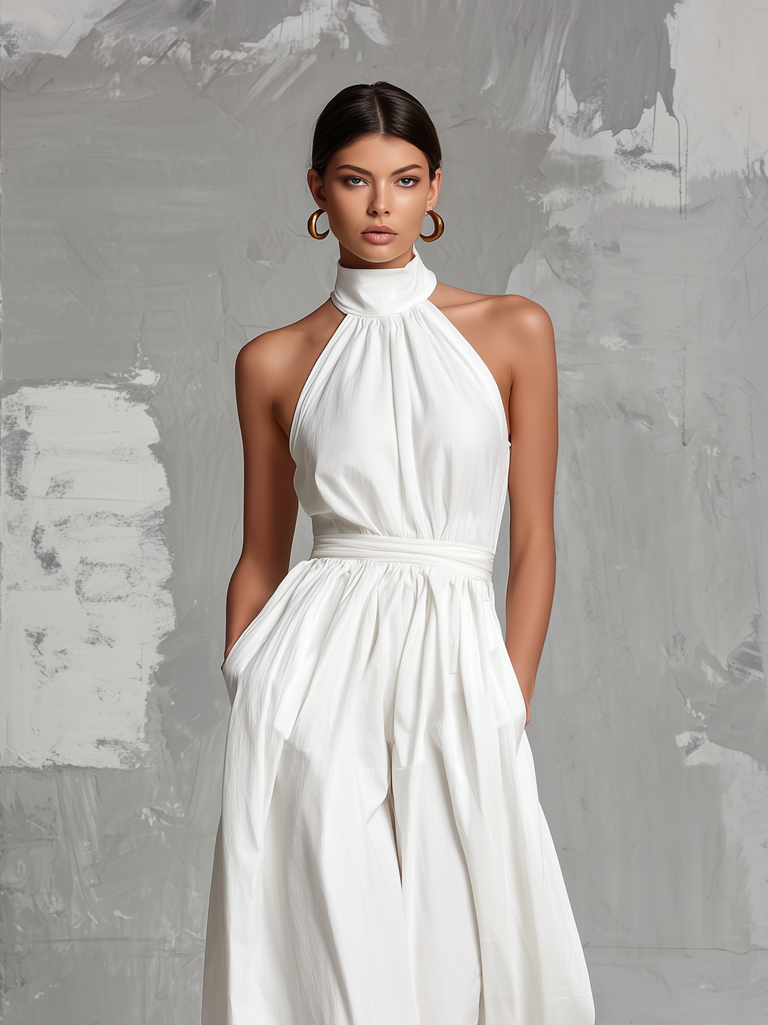Zoltán | Elegante tuta bianca intrecciata senza maniche con collo all'americana