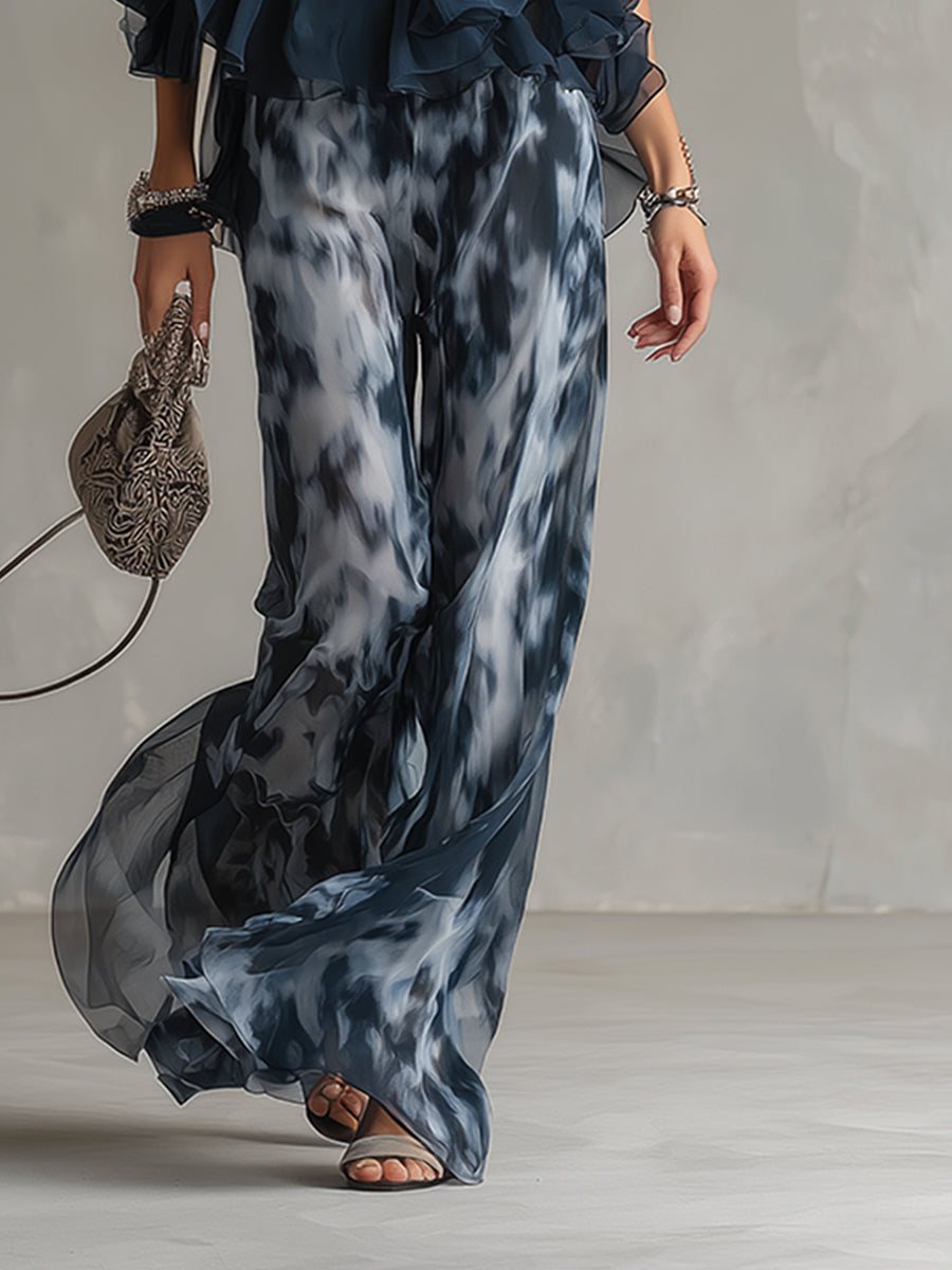 Ludovica – Set elegante in chiffon con top a collo alto e pantaloni larghi stampati