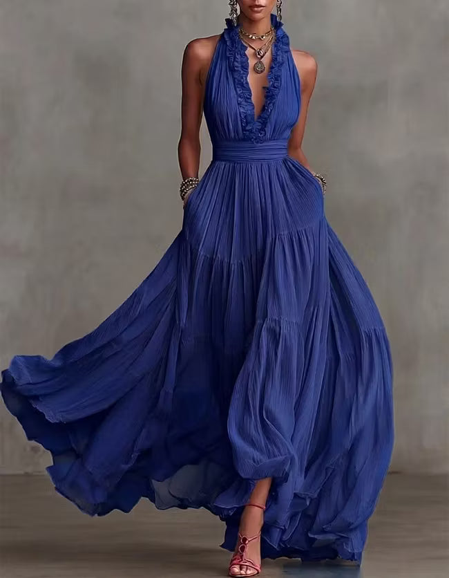 Isabella | Abito Maxi Plissettato con Collo All'Americana