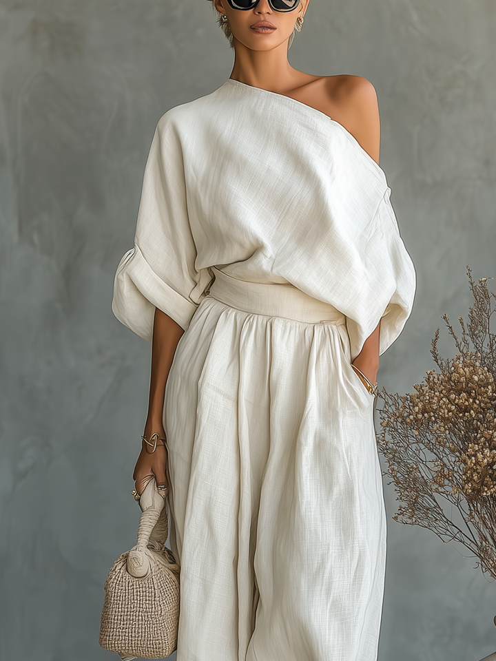 Set in Lino Bianco Sporco da Donna con Top Off-Shoulder e Pantaloni Tapered