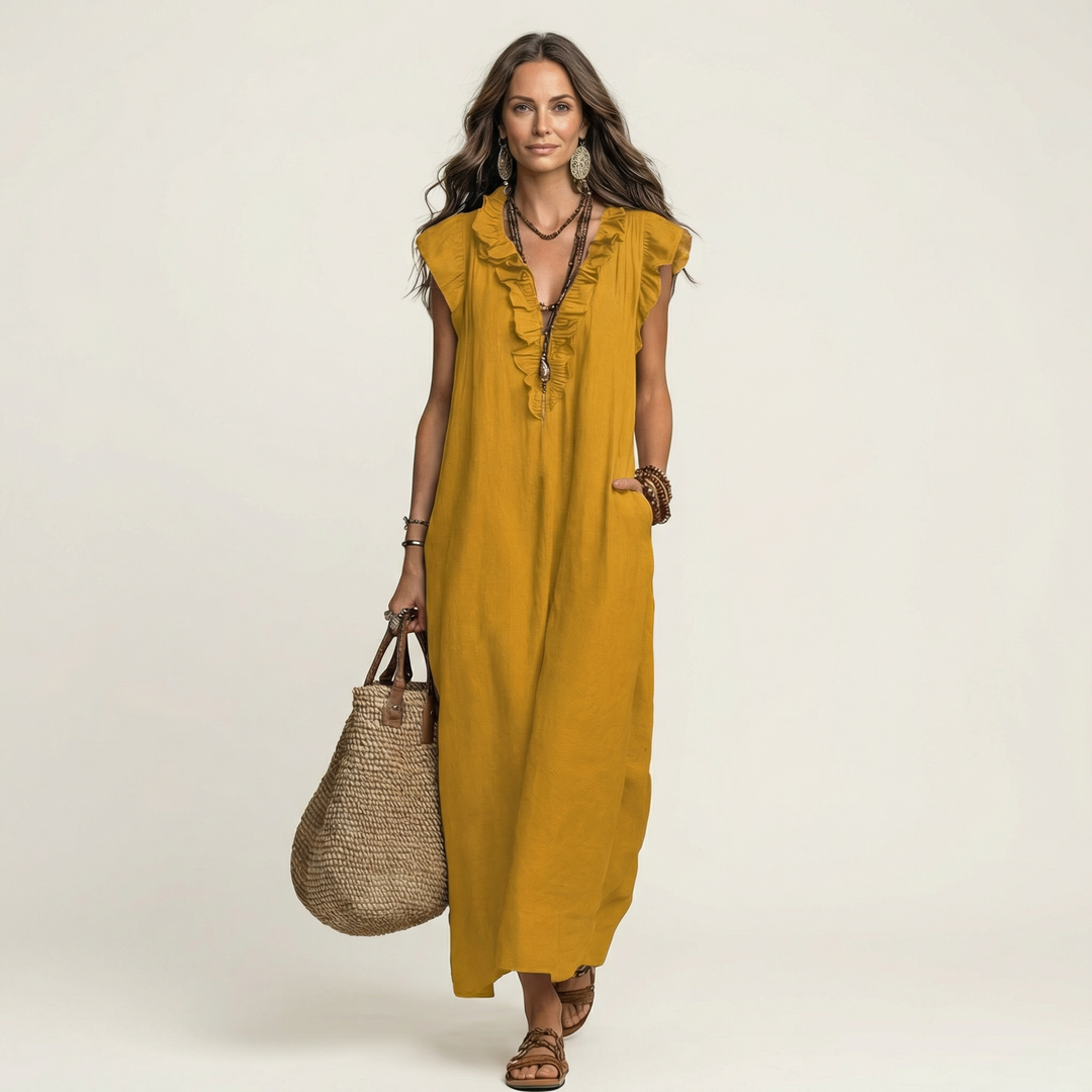 Josette | Abito Maxi con Scollatura a V e Volant