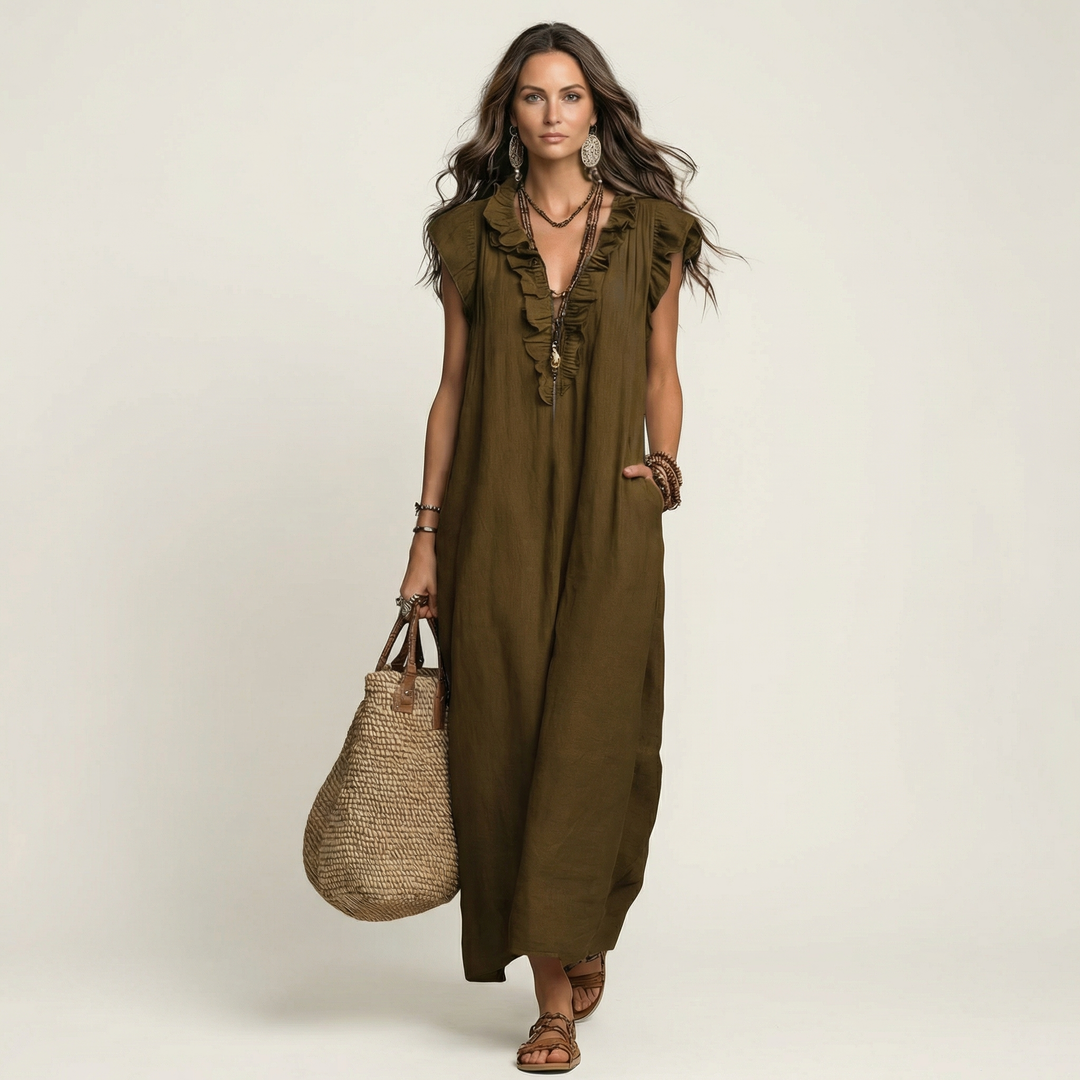 Josette | Abito Maxi con Scollatura a V e Volant