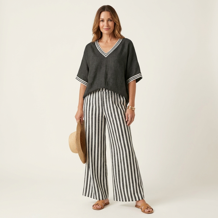 Juliana | Top Varsity a V e Set Pantaloni a Strisce Ampie