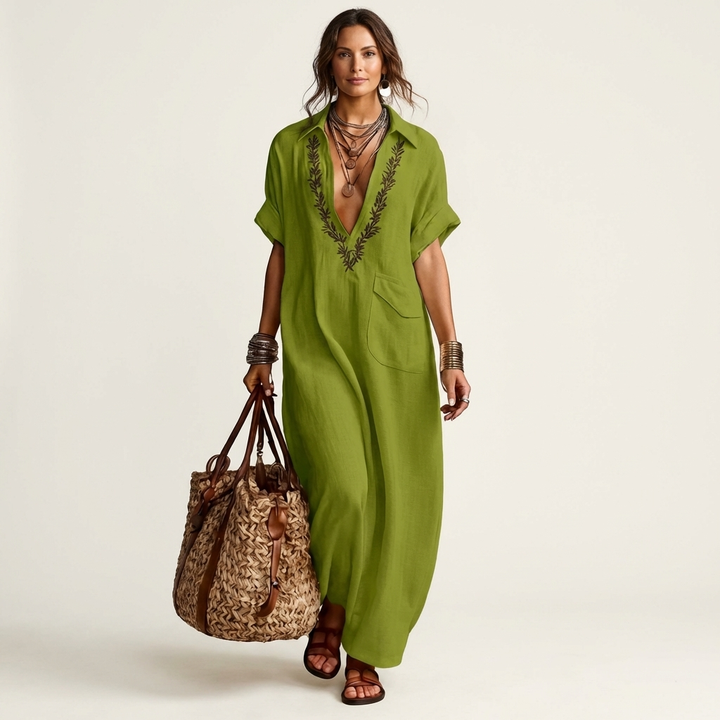 Amarina | Abito Maxi in Lino con Collo Ricamato a V