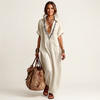 Amarina | Abito Maxi in Lino con Collo Ricamato a V