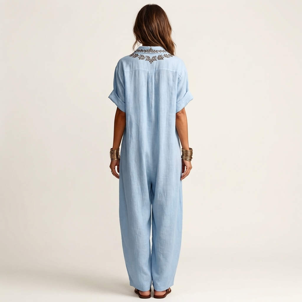 Amarina | Abito Maxi in Lino con Collo Ricamato a V