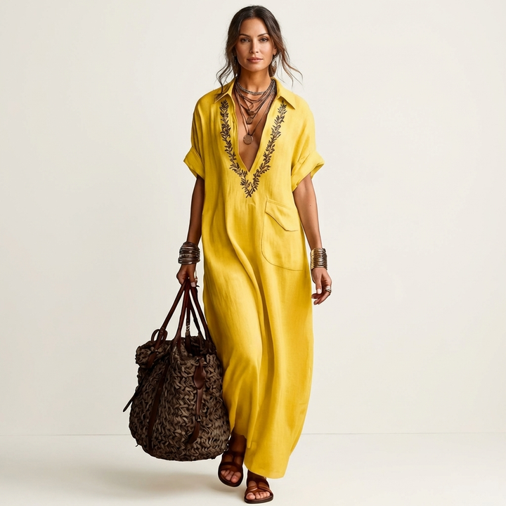 Amarina | Abito Maxi in Lino con Collo Ricamato a V