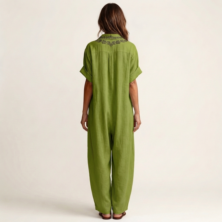 Amarina | Abito Maxi in Lino con Collo Ricamato a V
