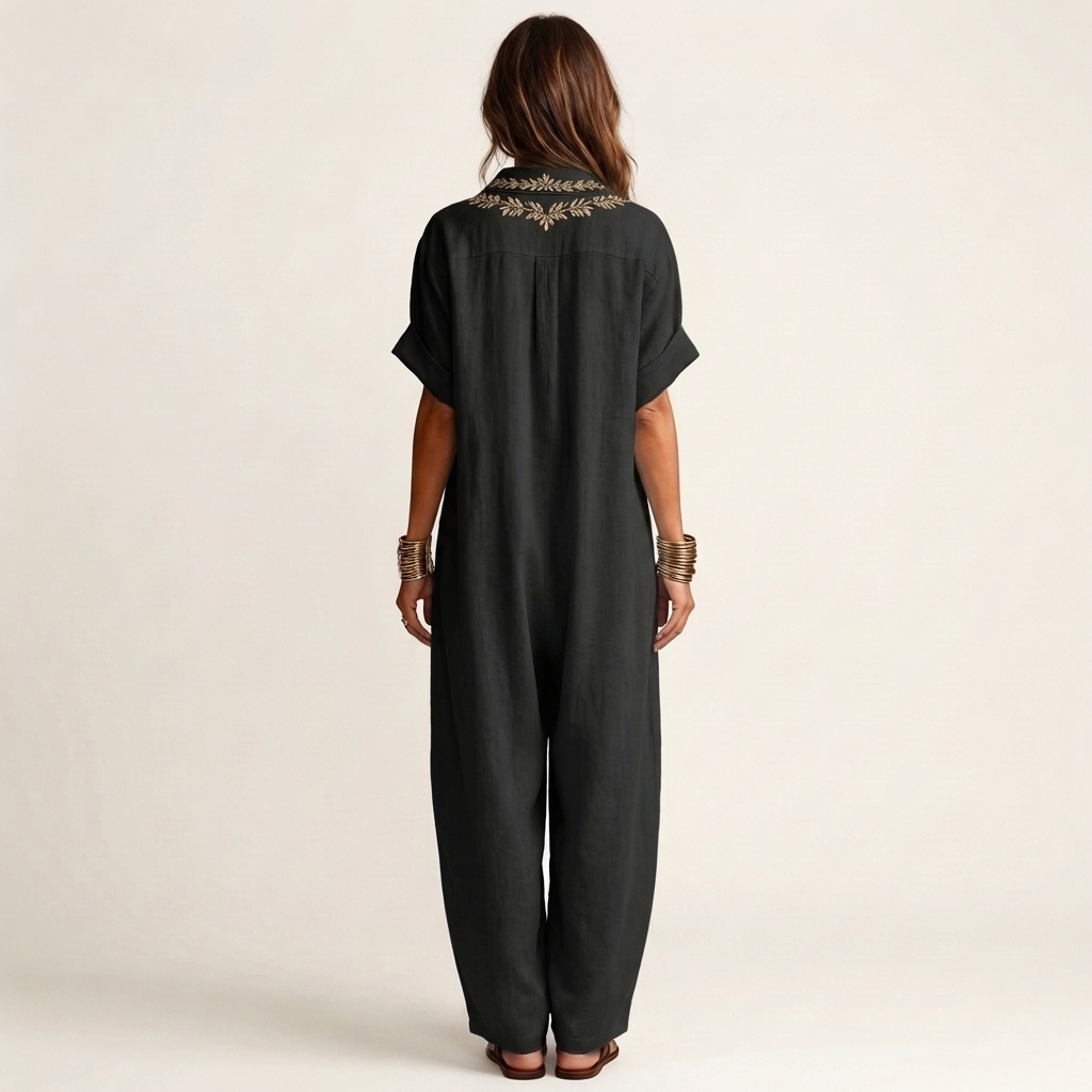 Amarina | Abito Maxi in Lino con Collo Ricamato a V