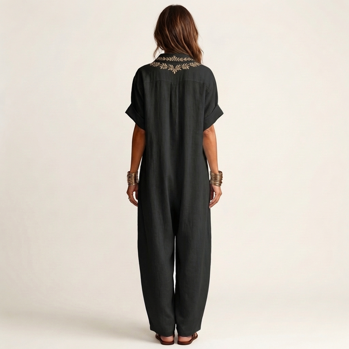 Amarina | Abito Maxi in Lino con Collo Ricamato a V