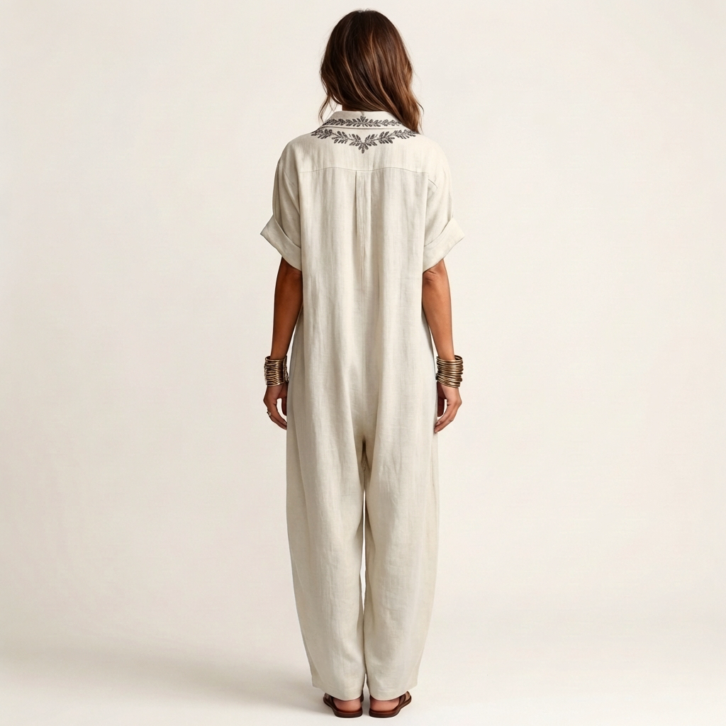 Amarina | Abito Maxi in Lino con Collo Ricamato a V