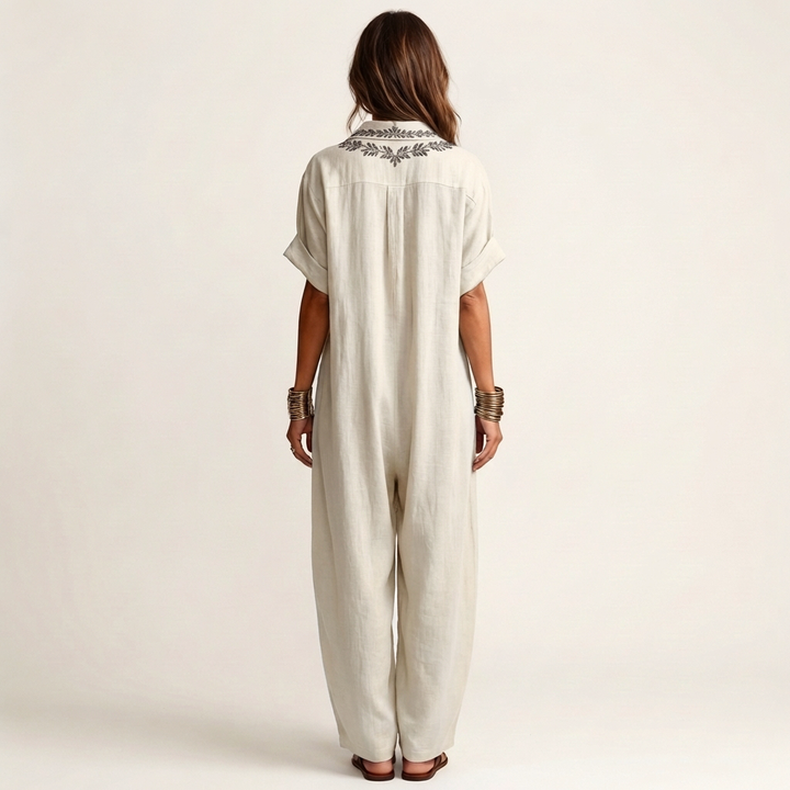 Amarina | Abito Maxi in Lino con Collo Ricamato a V