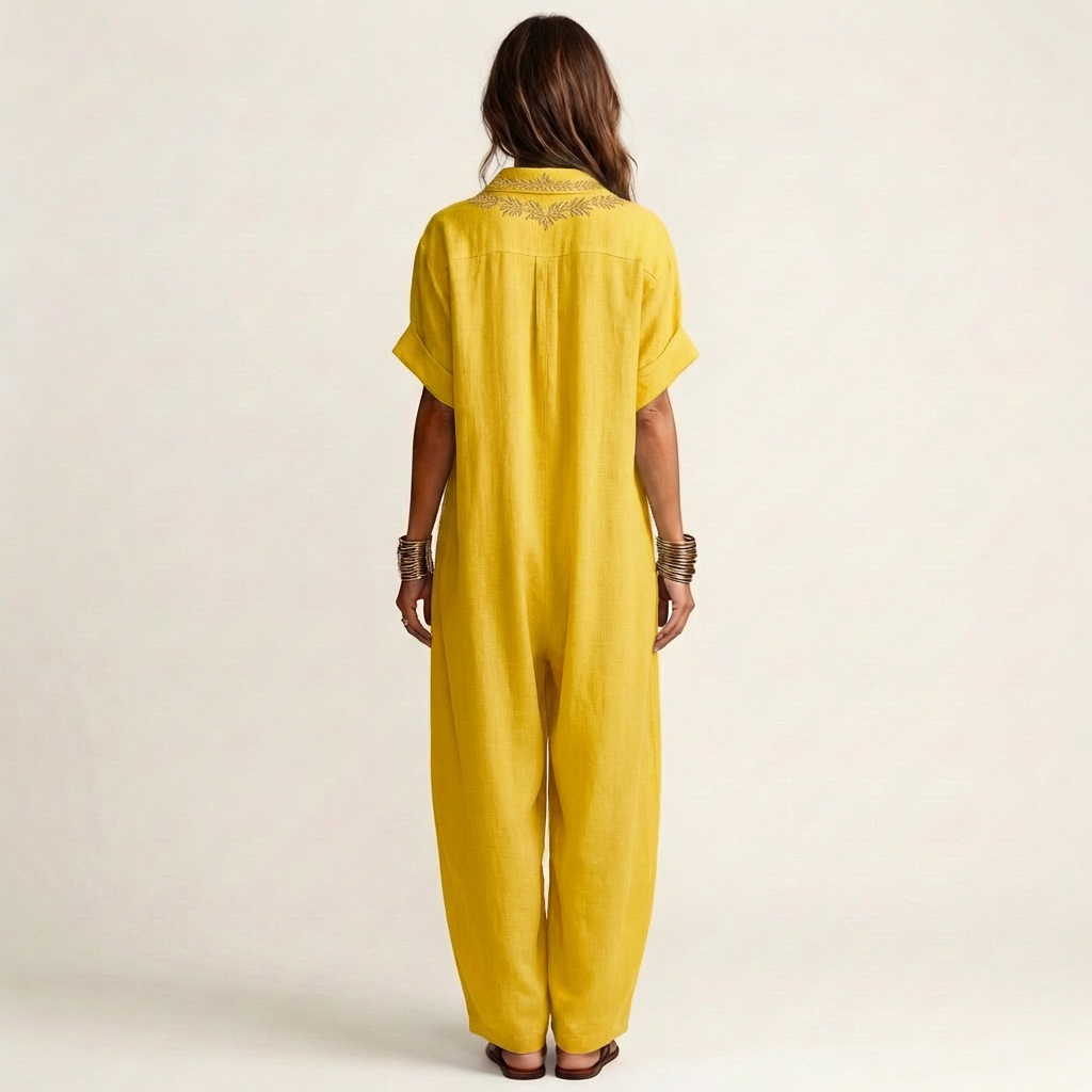 Amarina | Abito Maxi in Lino con Collo Ricamato a V