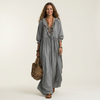 Yosetta | Abito Maxi a Righe con Scollo a V Ruffle e Maniche a Lanterna
