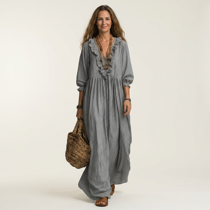 Yosetta | Abito Maxi a Righe con Scollo a V Ruffle e Maniche a Lanterna