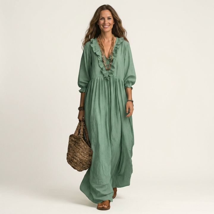Yosetta | Abito Maxi a Righe con Scollo a V Ruffle e Maniche a Lanterna